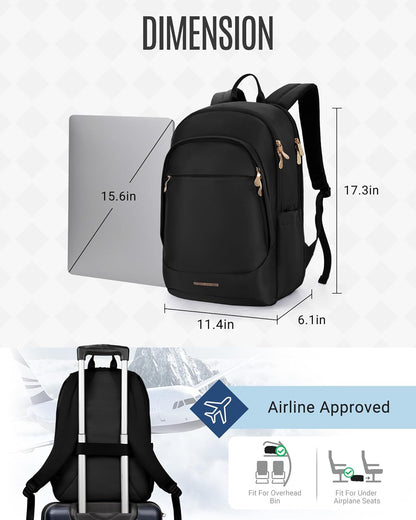 Travel Backpack for Women, 15.6 Inch Laptop Backpack with USB Charging Hole, Water Resistant College Bookbag, Large Capacity Black Computer Backpacks for Work, Black