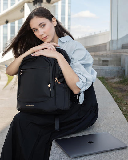 Travel Backpack for Women, 15.6 Inch Laptop Backpack with USB Charging Hole, Water Resistant College Bookbag, Large Capacity Black Computer Backpacks for Work, Black