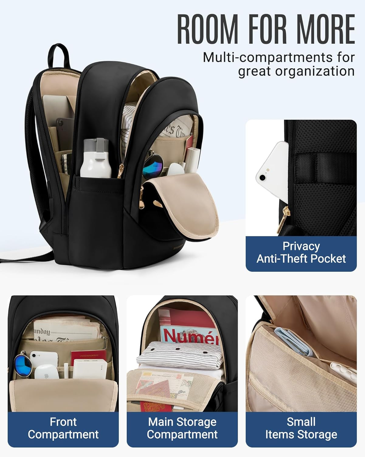 Travel Backpack for Women, 15.6 Inch Laptop Backpack with USB Charging Hole, Water Resistant College Bookbag, Large Capacity Black Computer Backpacks for Work, Black